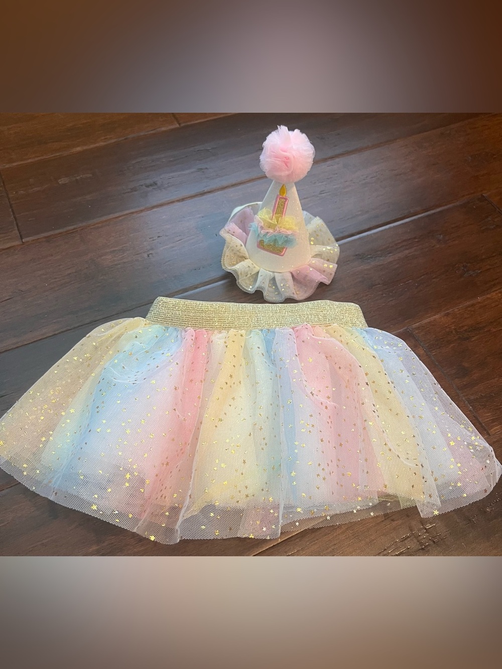 Birthday Pastel Rainbow Tulle Skirt with cake & candle hat